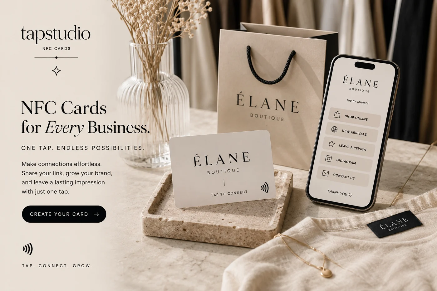 Boutique NFC shopping card and branded mobile store interface concept.
