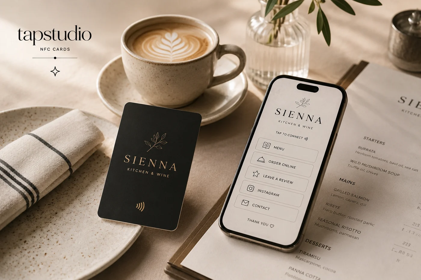 Restaurant NFC card beside a digital menu and mobile ordering interface concept.