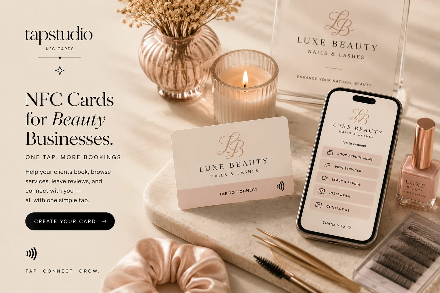 Luxury beauty-business NFC card and mobile appointment interface concept.