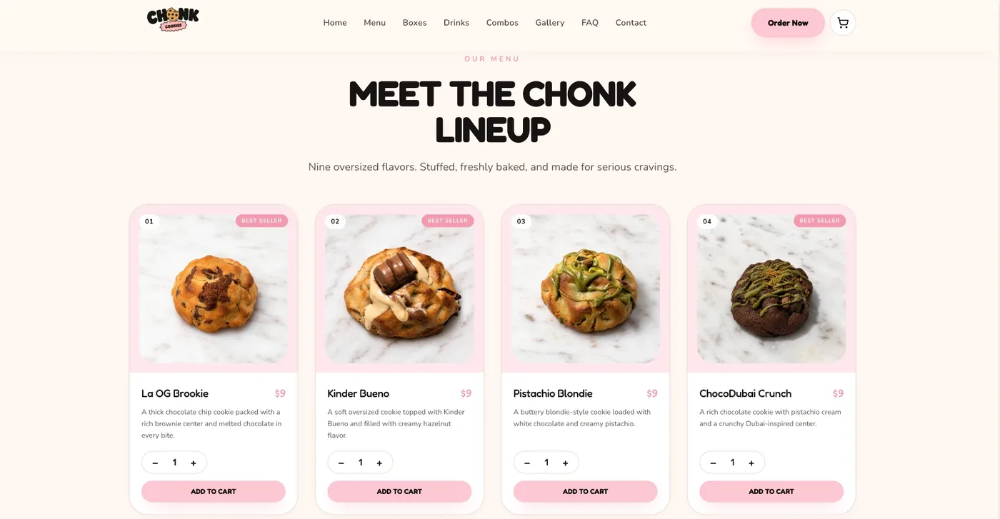 Chonk Cookies menu section showing the cookie lineup with prices and add-to-cart controls.