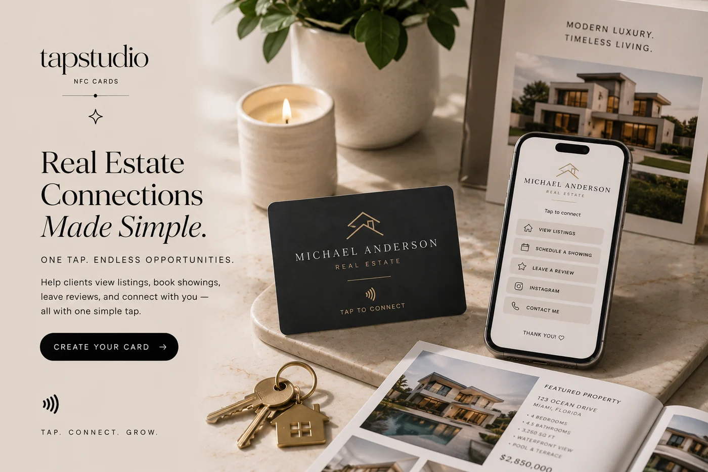Real-estate NFC card and mobile listings and showing interface concept.