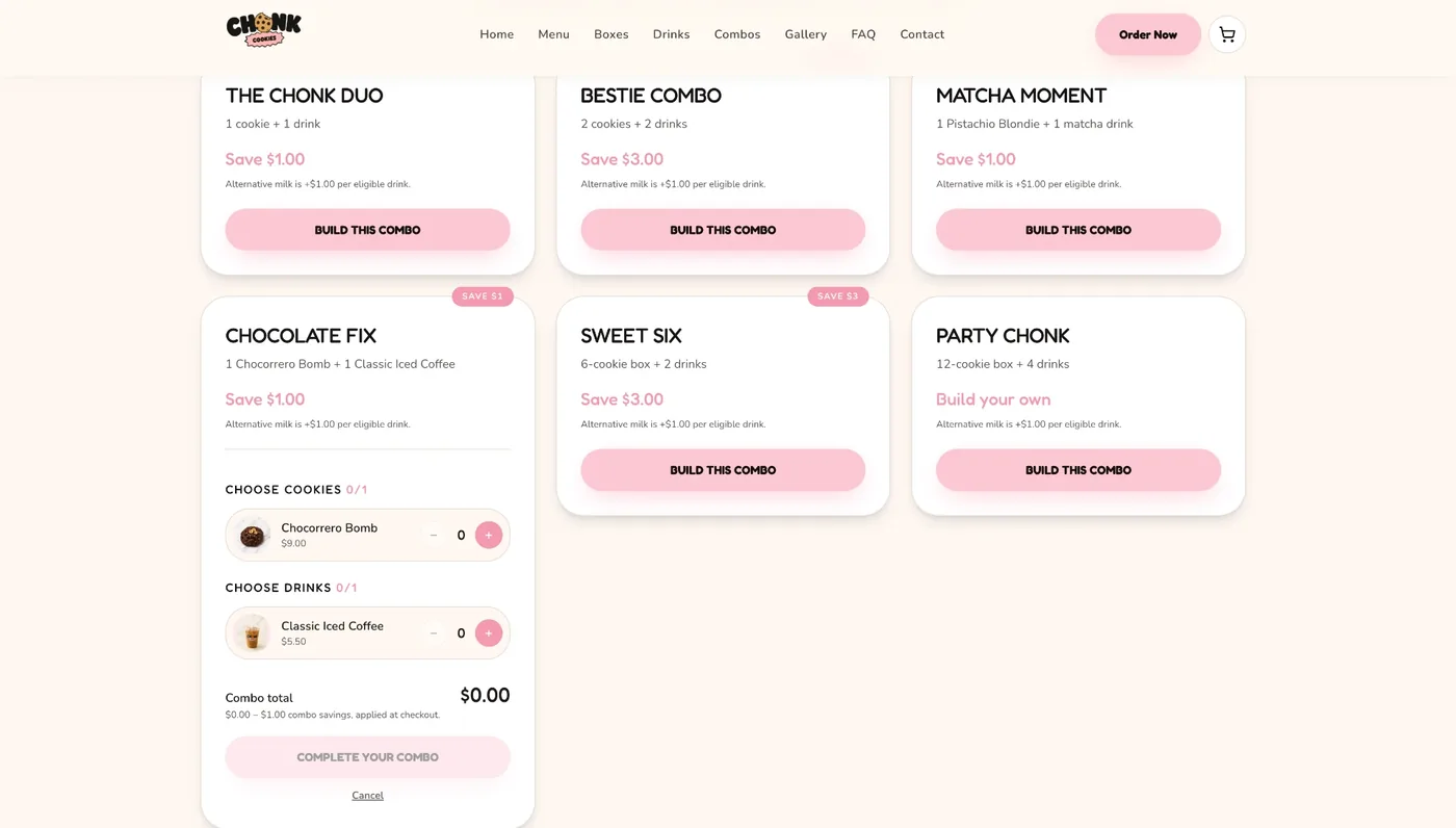 Chonk Cookies combo builder with combo cards and cookie and drink selection steps.