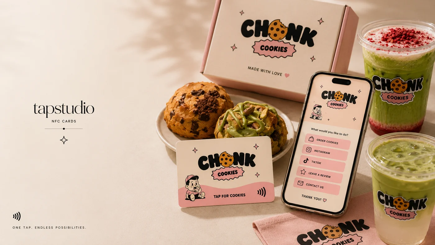 CHONK Cookies custom NFC card and branded mobile link page displayed beside cookies and matcha drinks.