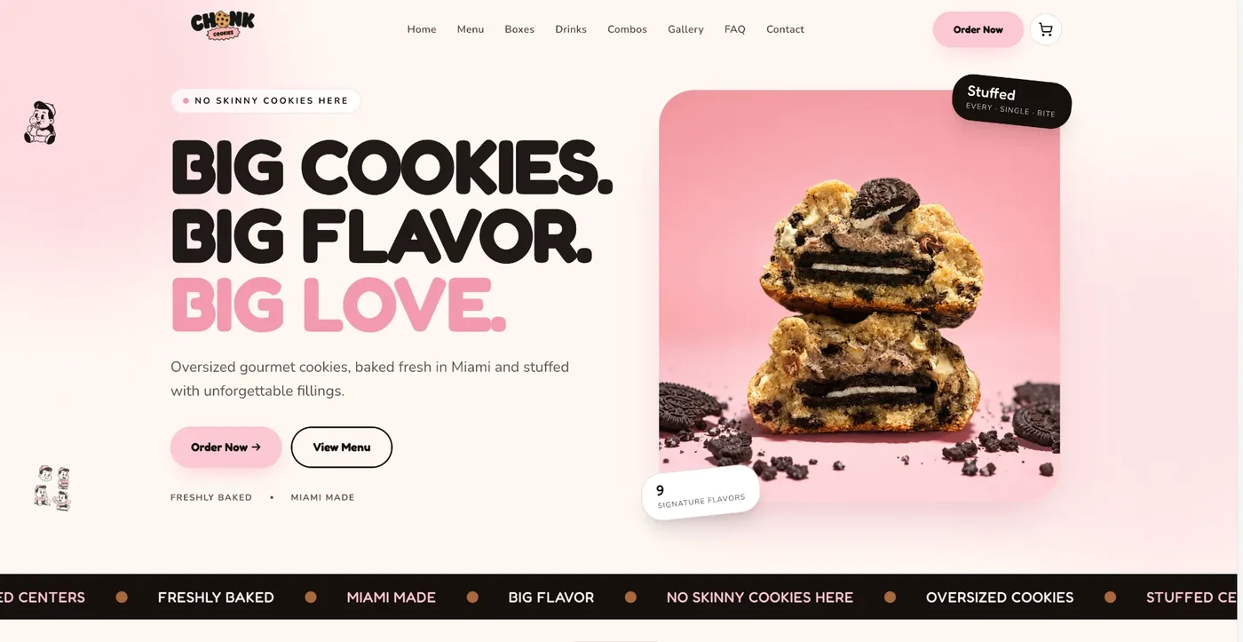 Chonk Cookies website homepage with the headline Big Cookies. Big Flavor. Big Love.