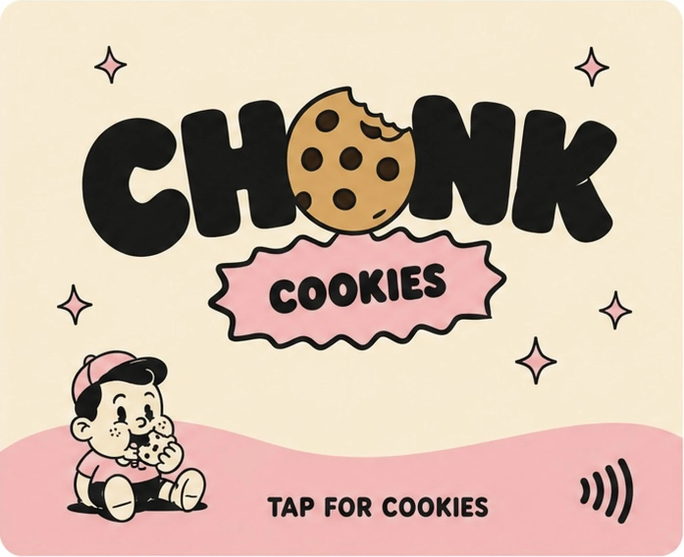Front of the CHONK Cookies NFC card: cream and pink retro design with the CHONK cookie wordmark, mascot illustration, and a tap-for-cookies prompt.