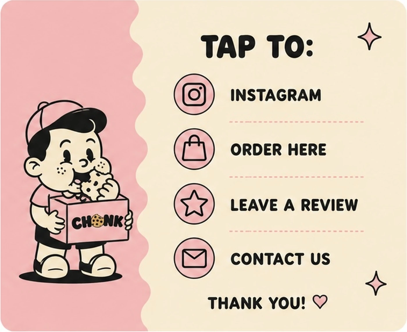 Back of the CHONK Cookies NFC card listing tap destinations: Instagram, order here, leave a review, and contact us.